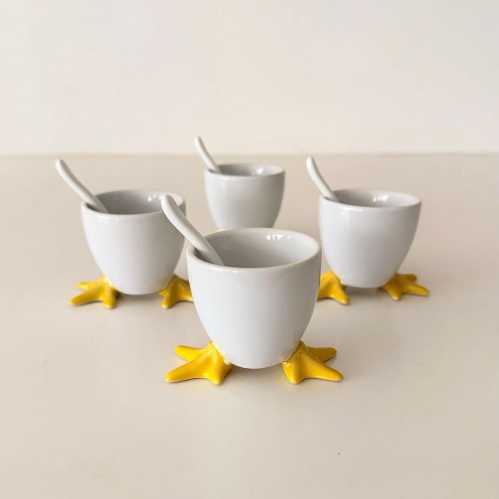 White Ceramic Egg Cups with Yellow Duck Feet (Set of 4)